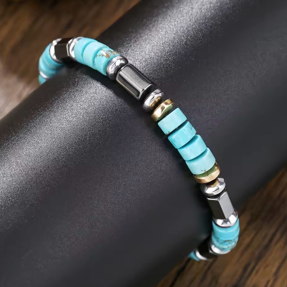 Retro Blue Stone Beaded Mens Bracelet - Picture 3 of 6